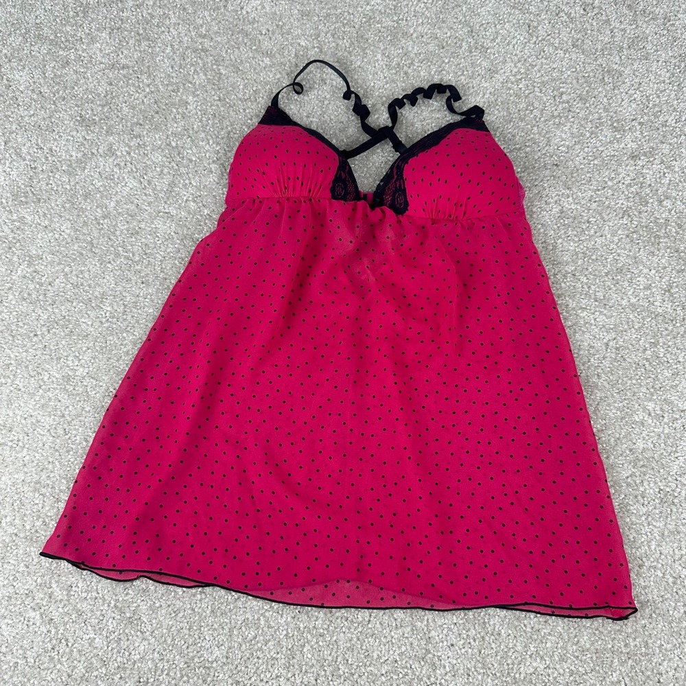 Vtg Y2k Style Pink Polka Dot Babydoll Chemise Lace Trim Lingerie size XS